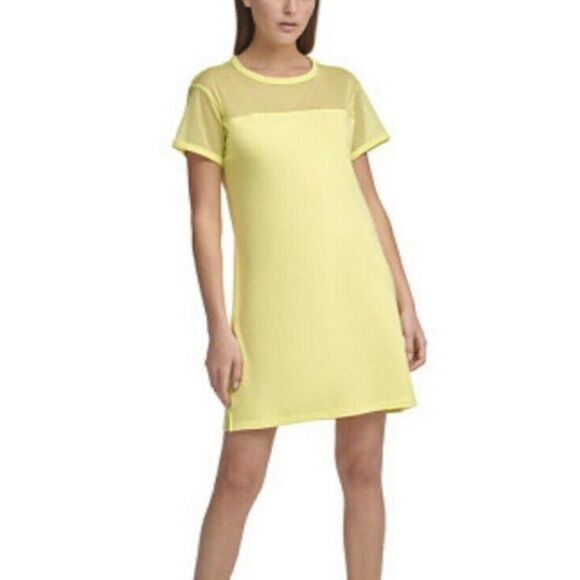 DKNY Sport Yellow Mesh-Blocked T-Shirt Dress Medium NWT - Picture 1 of 8